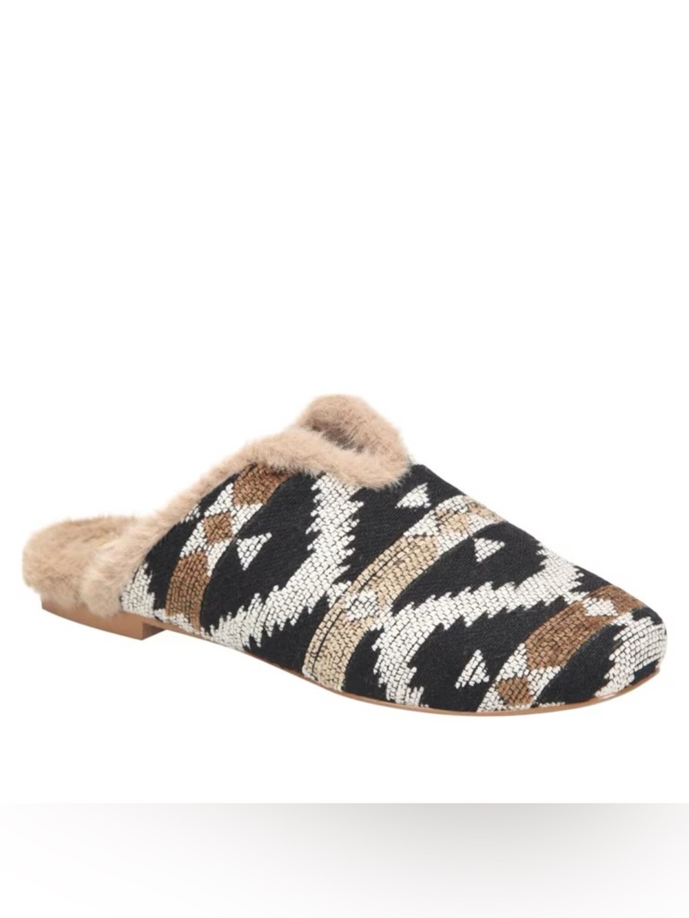 NIB Korks Nile Tan Woven Fabric Faux Fur Trim Mule Slipper 10 Cozycove